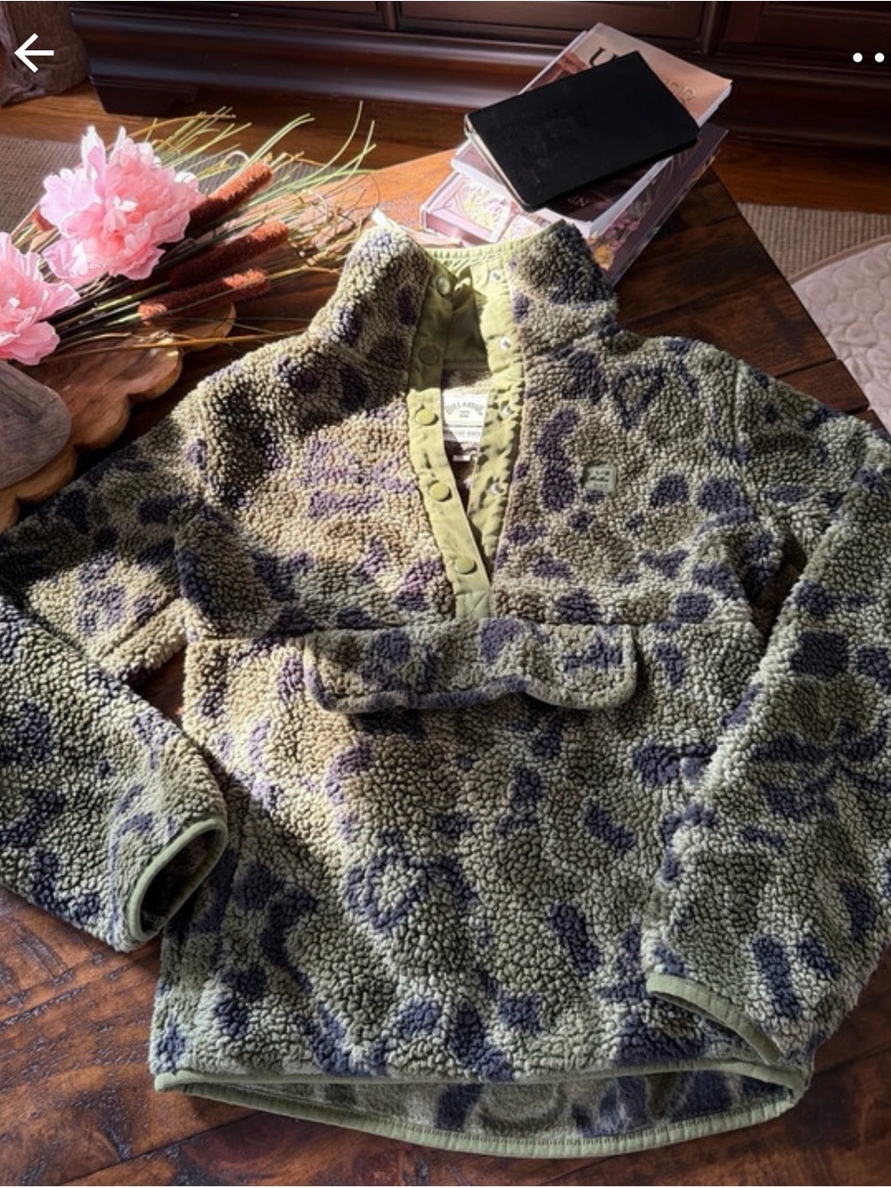Billabong Olive and Charcoal Leopard Sherpa Pullover Jacket